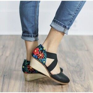 The Root Collective Leather Chloe Wedge 2 Piece Embroidery Black 9